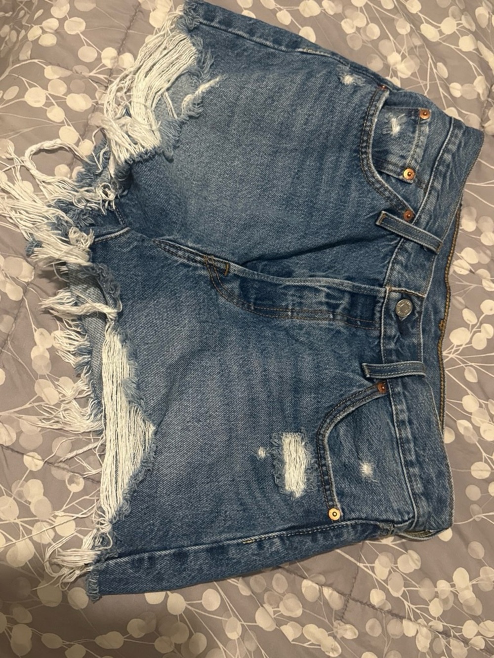 Levi Distressed Frayed Hem Denim Shorts in Blue